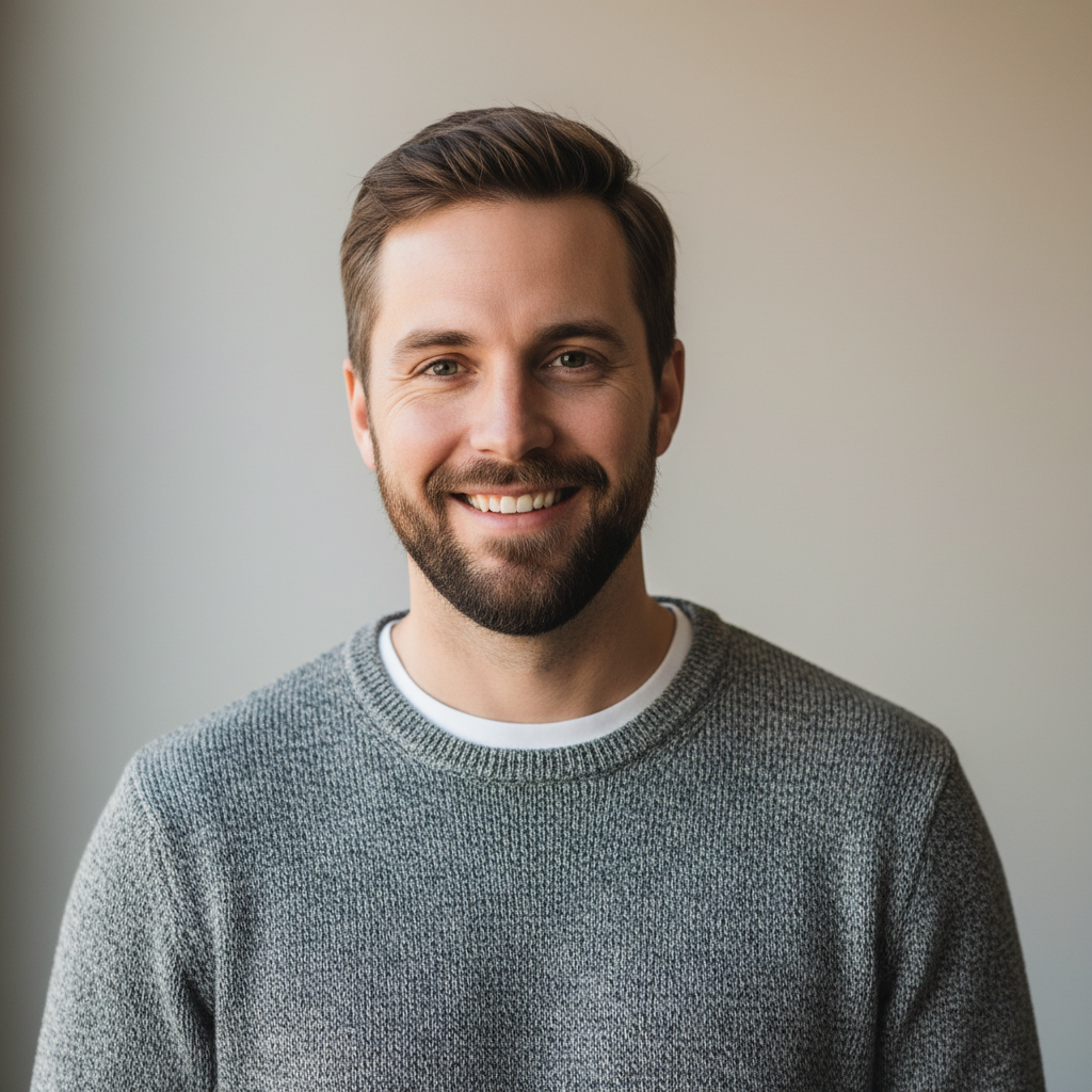 Male customer portrait, clean background, casual clothing, confident expression, realistic photography, online store testimonial look