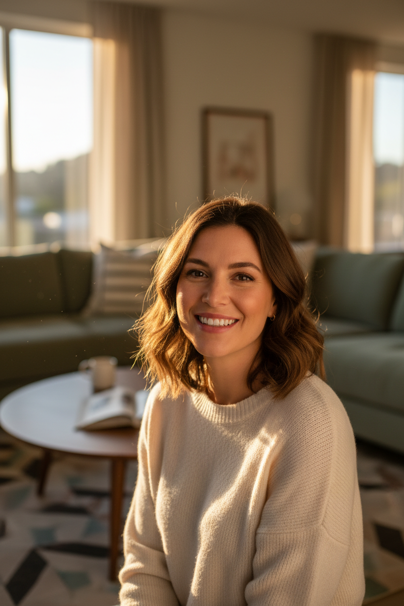 Portrait of a happy female customer, stylish home background, warm lighting, natural smile, modern lifestyle photography, testimonial style